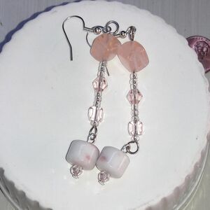 Boho Statement Pink Glass Dangle French Hook earrings Silver earrings 427■